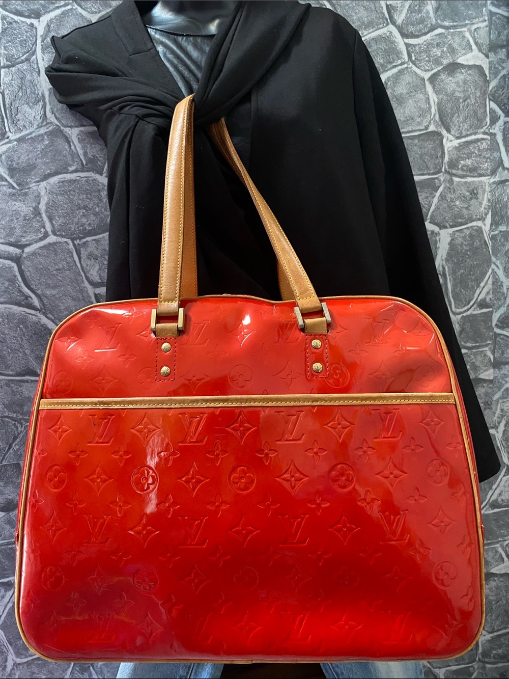 Authentic Louis Vuitton Vernis Red Patent Leather Monogram Sutton Tote  Bag